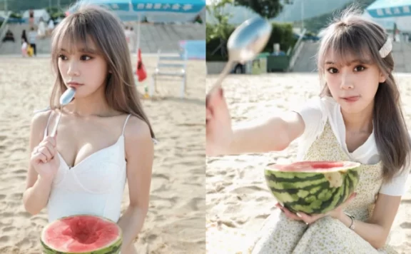 清甜正妹「Christy」海滩吃西瓜,开朗活泼的气质真想让人当女友